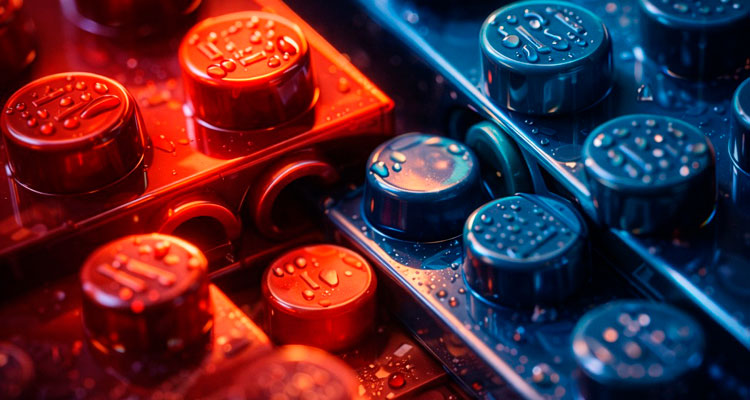 Крупный план сцепления деталей конструктора, проверка качества