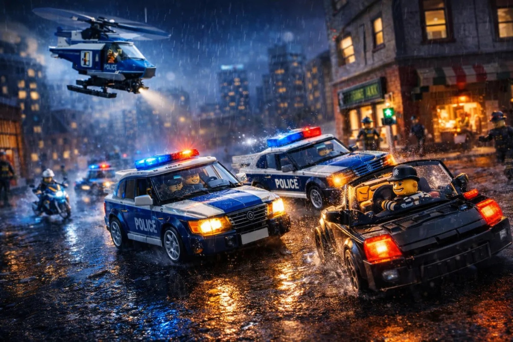 Сцена игры: полицейская погоня в городском квартале из конструктора