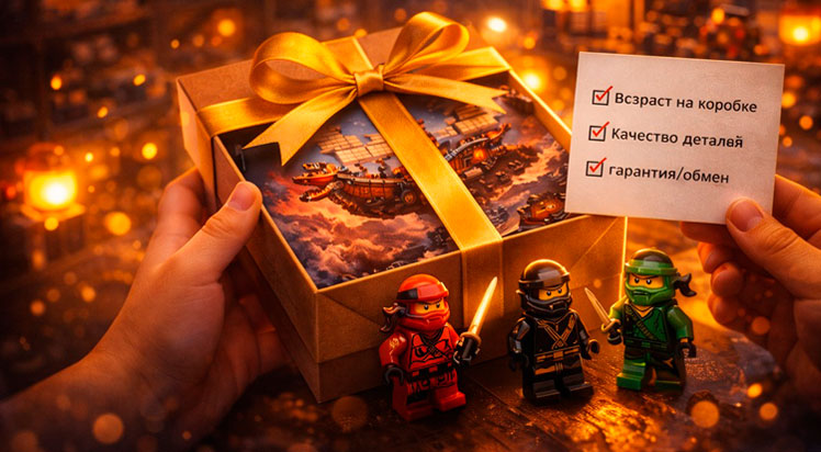 Подарочная коробка с конструктором и минифигурками, уютный свет