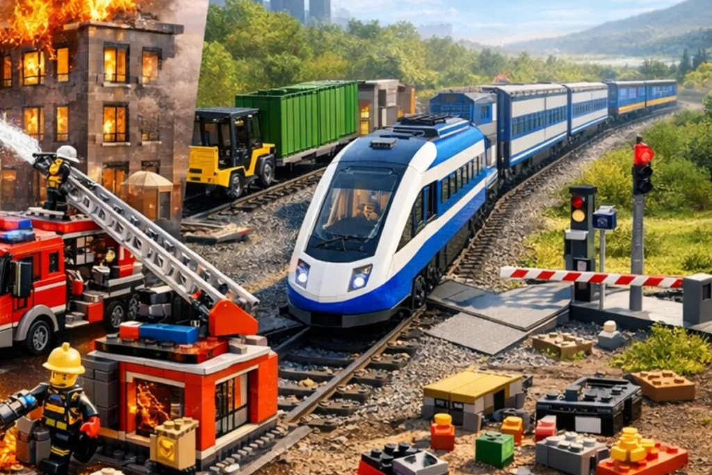 Поезд из конструктора на рельсах с дистанционным управлением