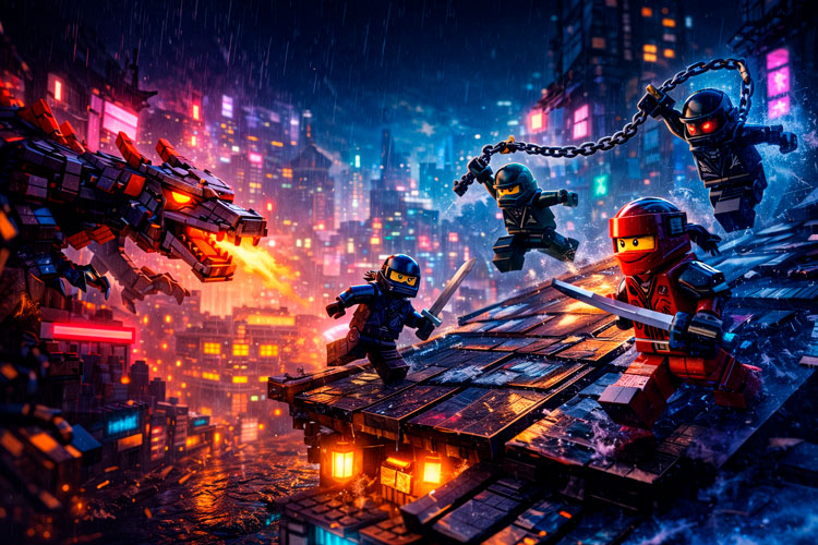 Ниндзя на крыше в неоновом городе, динамичная сцена