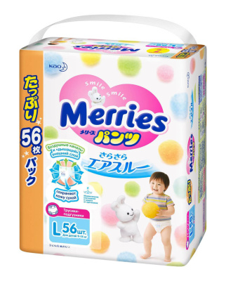 Подгузники-трусики Merries L (9-14 кг), 56 штук