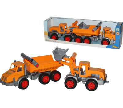Самосвал Полесье КонсТрак трёхосный + Трактор-погрузчик КонсТрак (в коробке)